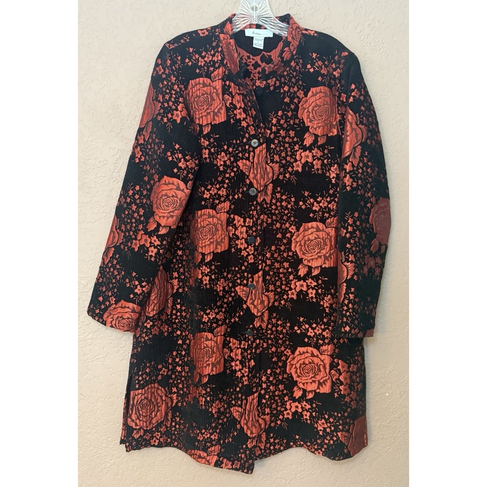 Analogy Black W/ Red Floral Print 38.5" Long Womens Coat Mandarin Collar. Sz L